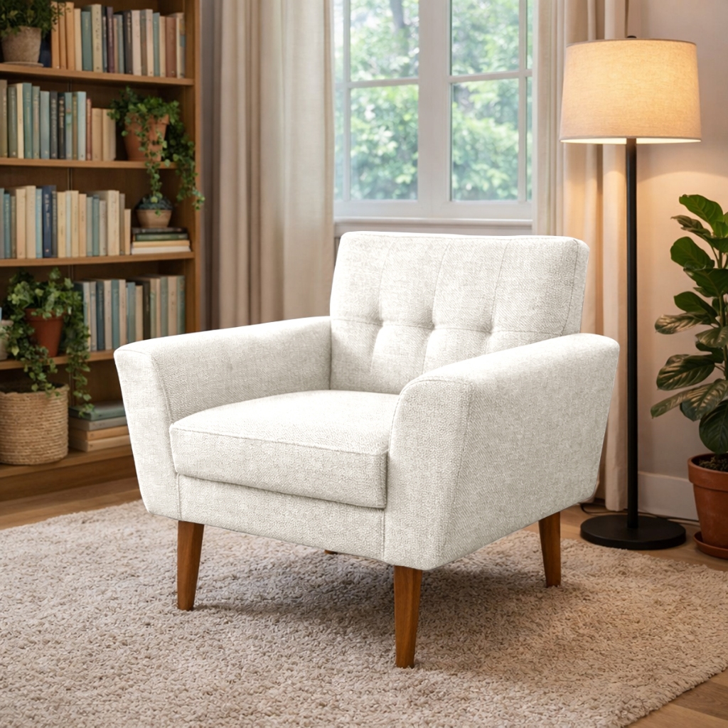 Poltrona Decorativa Bruna Luxo Estofada Para Sala de Estar Linho Bege Pés Palito em Oferta na Shopee