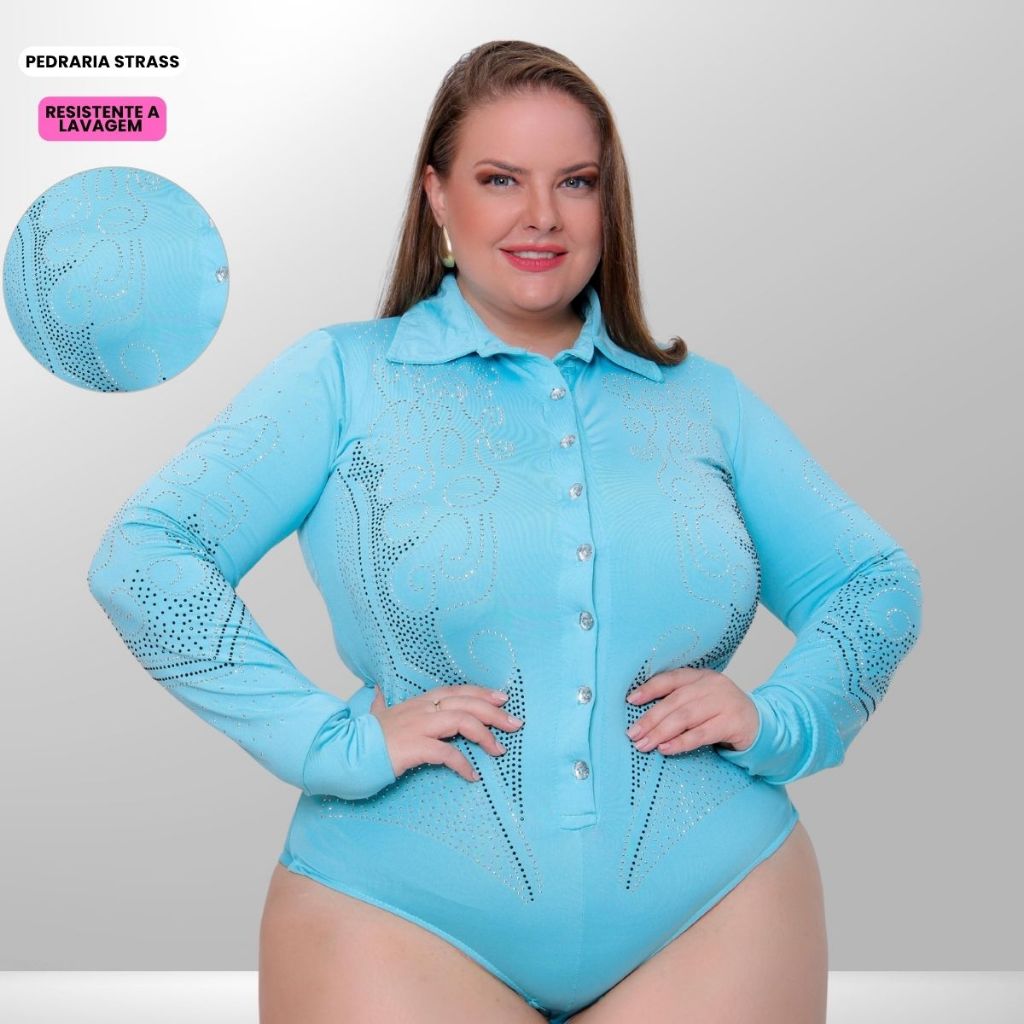 Body Camisa com Gola Modelo Country Manga Longa Plus Size strass Pedraria com Botão Boiadeira Rodeio