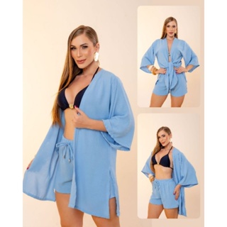 Kimono Feminino + Short Saida Praia Conjunto Kimono Manga Flare Feminino Moda Praia Plus Size Chemise Kit 2 Peças Farm em Oferta na Shopee