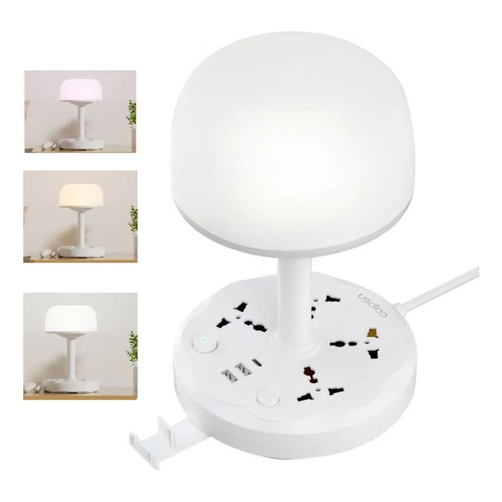 COIBEU Luminária de Mesa Dupla Voltagem com 3 Tomadas Universais 2 USB 1 TYPE-C Luz Tricolor e Proteção de Circuito 2m