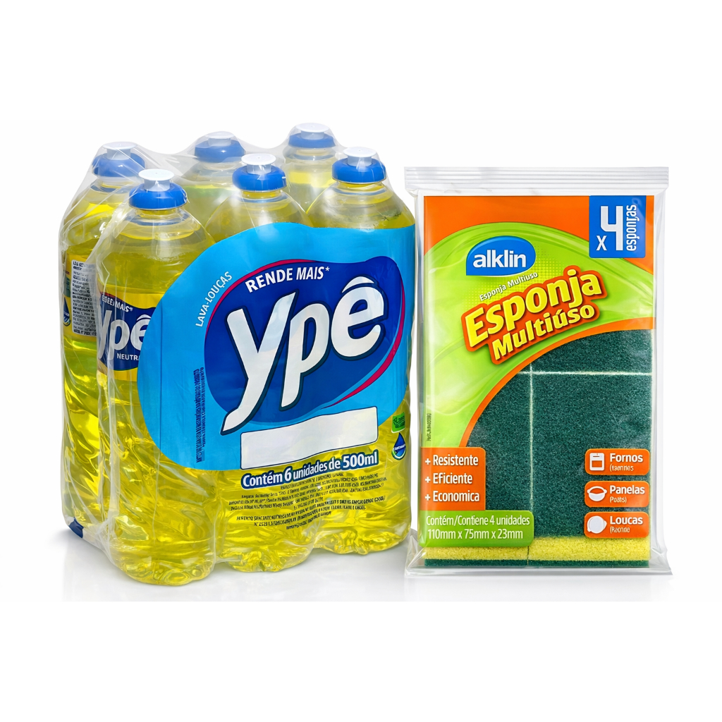 Kit Limpeza Completo – Detergente Ypê Neutro 500ml (6 Unid) + Esponja Multiuso Alklin (4 Unid)