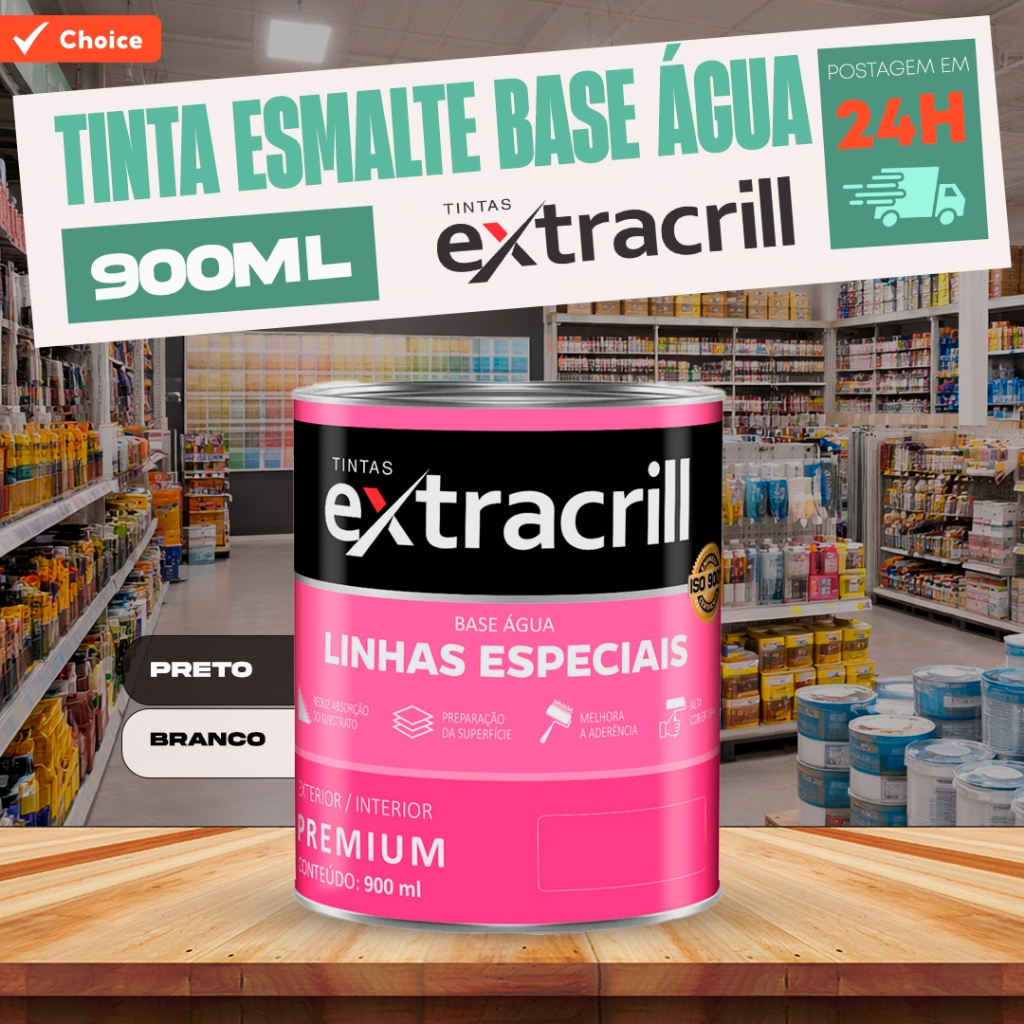 Tinta Esmalte Óleo Sintético 900ML BASE D'ÁGUA BRILHANTE - EXTRACRILL - PRETO OU BRANCO