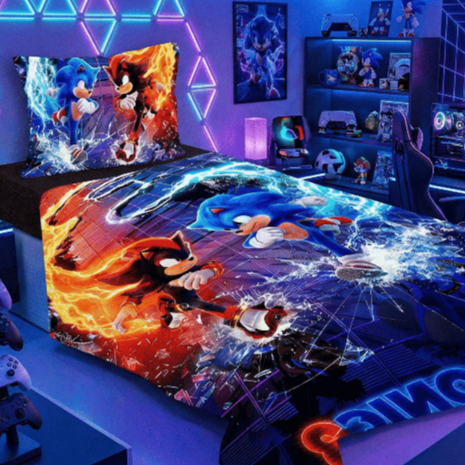 Lençol sem Elástico Solteiro + Fronha Sonic LCS 103 | Jogo de Cama Infantil Gamer Azul Shadow