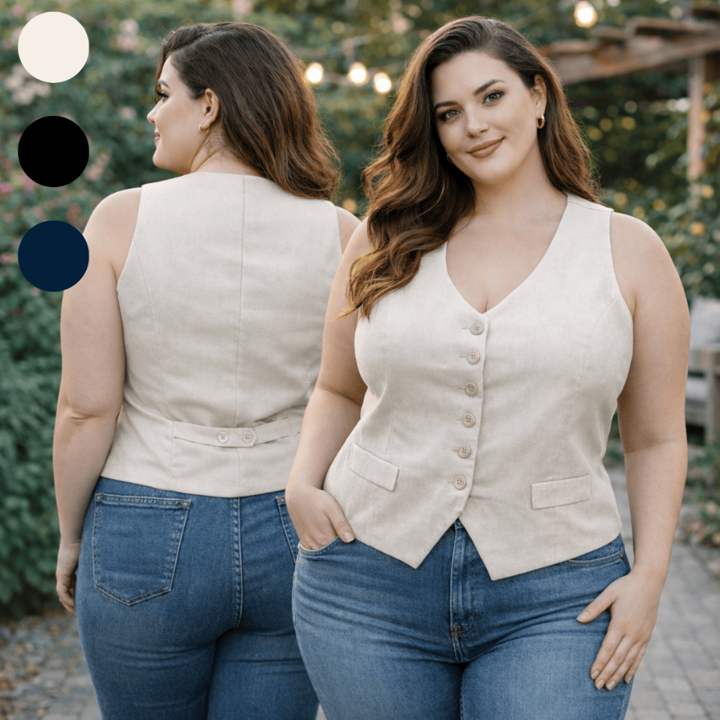 Colete Feminino Linho Alfaiataria Plus Size Forrado Social Curto Botões