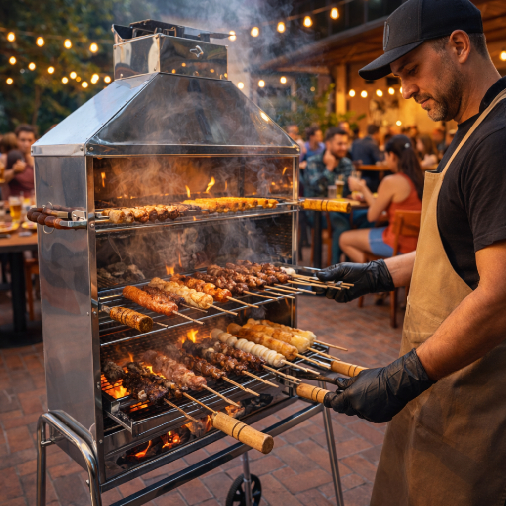 Carrinho p/ ESPETINHO churrasqueira 2 grelhas 80 espetos por hora em Oferta na Shopee