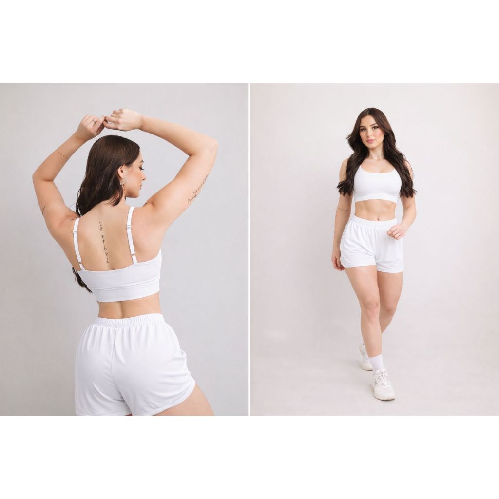 Conjunto Fitness Feminino Short + Top Zero Transparência Bojo Removível Bolso Academia