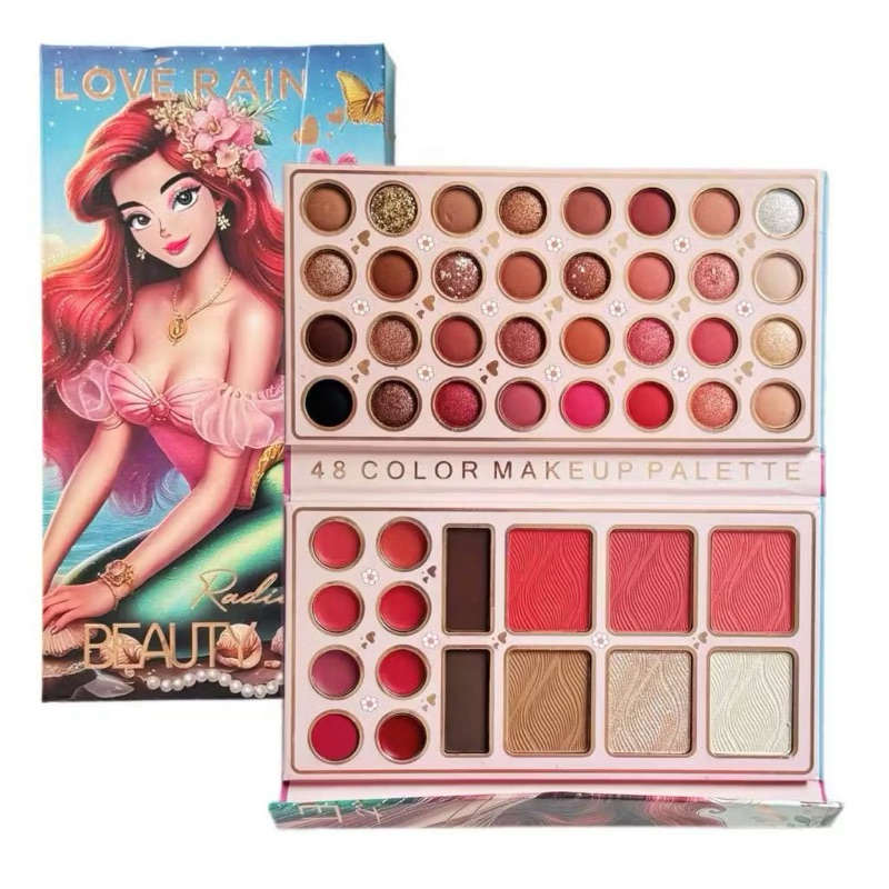 Paleta de Maquiagem Love Rain Completa 48 Itens – 32 Sombras + 8 Batons + Blush Iluminador e Contorno LR-3404