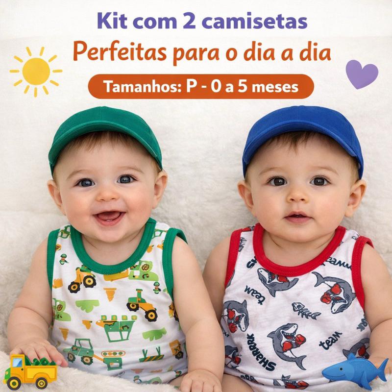 Kit 2 Camisetas Regatas Bebê Menino Poliéster Estampas Variadas Confortável Dia a Dia