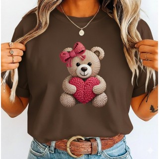 Camiseta Feminina Ursinho Urso Coração T-Shirt 100% Algodão Camisa Lançamento Blusa Feminina Básica