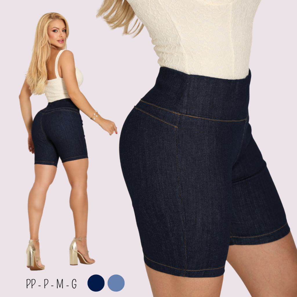 Bermuda Jeans Feminina Modeladora Cintura Alta com Elastano Confortável Casual