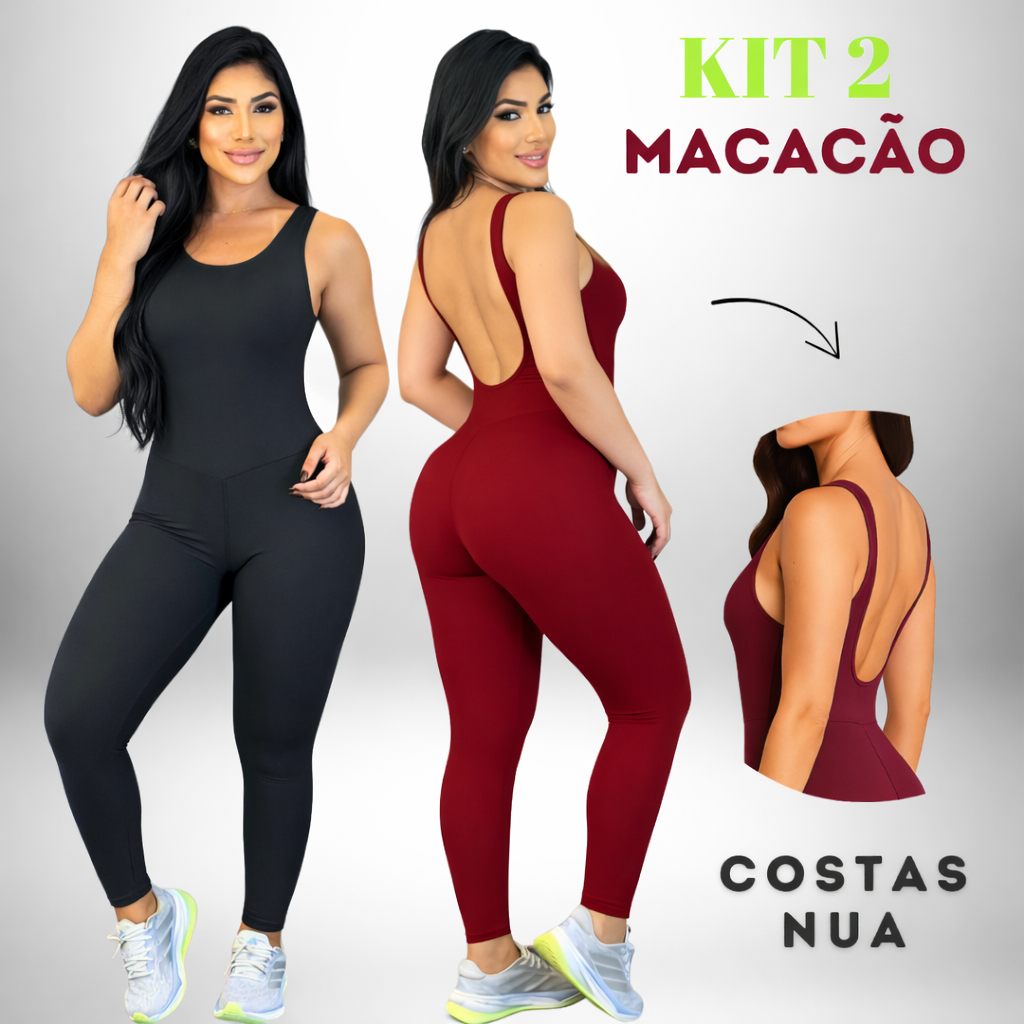 KIT 2 Macacão Longo Feminino com Forro Legg Fitness Academia com Costas Nua