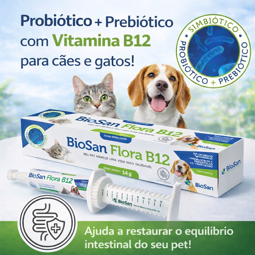 1/2/3/4 Un Biosan Flora B12 14g Probiótico Prebiótico Vitamina B12 para Pet Controla Flora Intestinal Atacado