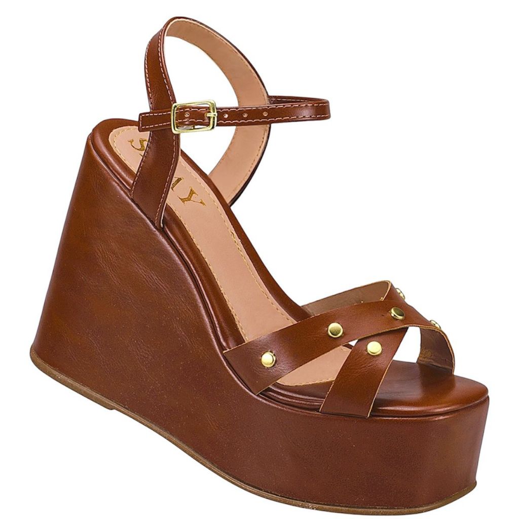 Sandália Feminina Shay Anabela Plataforma Alta Rebites Tachas Dourada Confortável