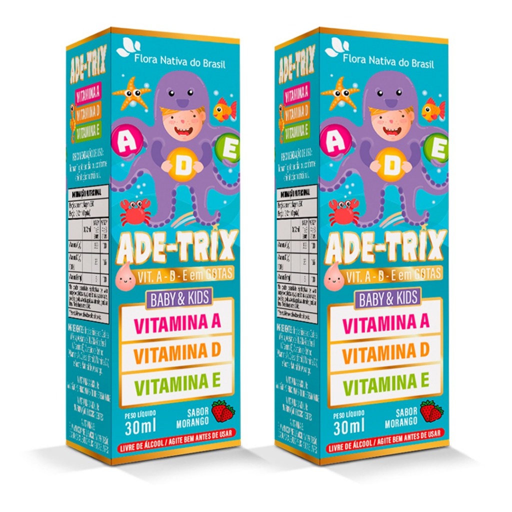 ADE TRIX  KIT COM 2 UNIDADES FLORA NATIVA VIT A VIT D VIT E EM GOTAS 30 ML SABOR MORANGO