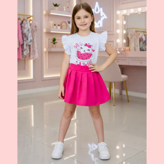 Conjunto infantil feminino de saia plissada e manga de babado gatinha so sweet em Oferta na Shopee