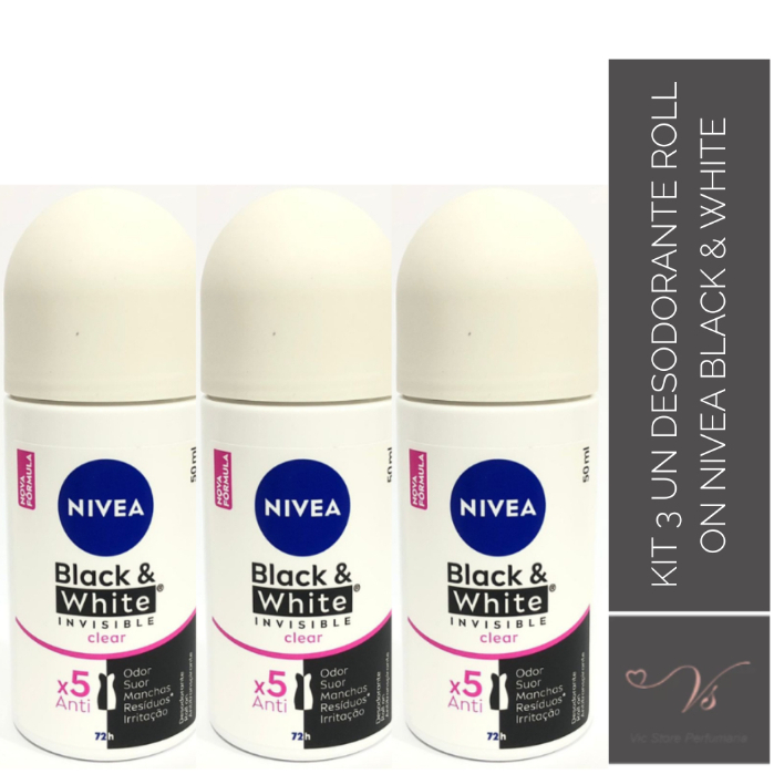 Kit 03un Desodorante Roll On Nivea Invisible Black & White Clear 50ml 72H