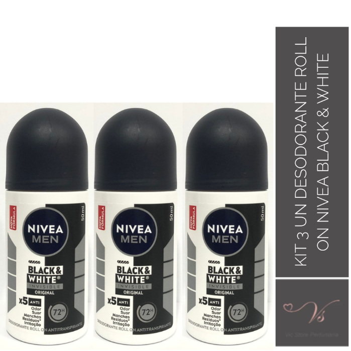 Kit 03un Desodorante Nivea Roll On Invisible For Men Black & White 50ml 72h (não é transparente)