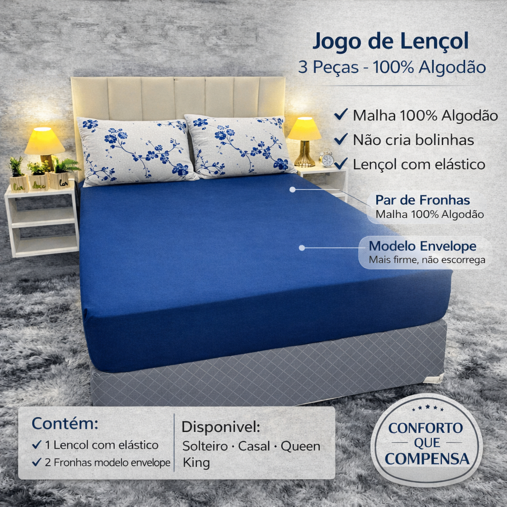 Jogo De Lençol King Size Algodão 3 Peças 180 Fios Com 160g/M²