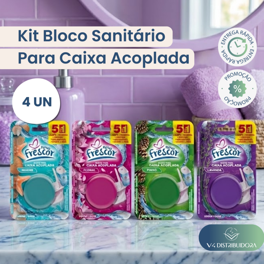 4 Blocos Sanitários Novo Frescor 45g para Caixa Acoplada – Limpeza e Perfume Duradouro em Oferta na Shopee