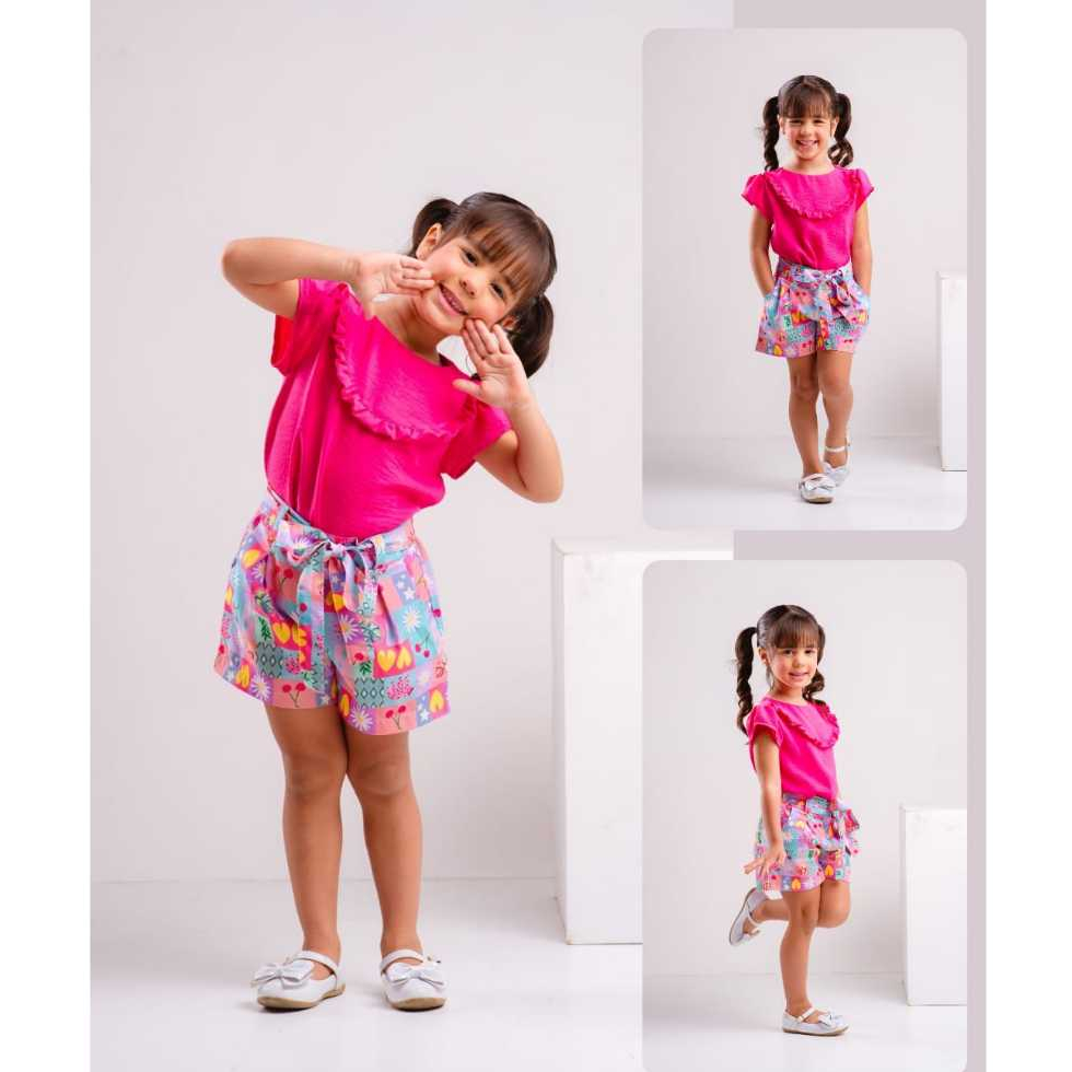 Conjunto Infantil Feminino Menina Blusinha + Short Estampado Roupa Leve, Fresca, Moda Infantil Verão Casual 2 a 8 anos