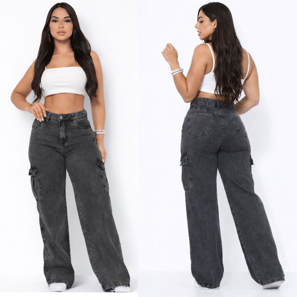 Calça Jeans Feminina Wide Leg Cargo Cintura Alta  Bolsos Tecido Grosso Linha Premium Conforto Pantal