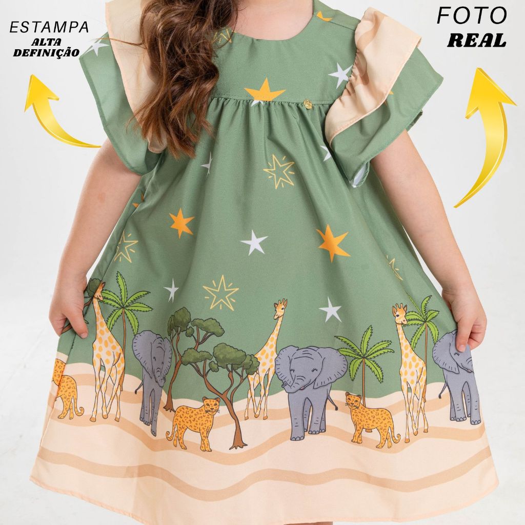 Vestido Infantil Feminino Com Manga Luxo Moda Evangelica Casual Estampado e Cores Lindas