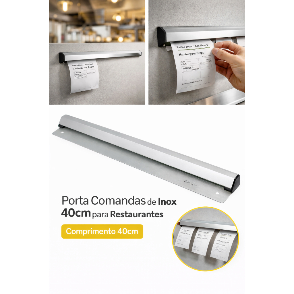 Porta Comandas Inox para Restaurante Cozinha Bar Fixação Sem Furo