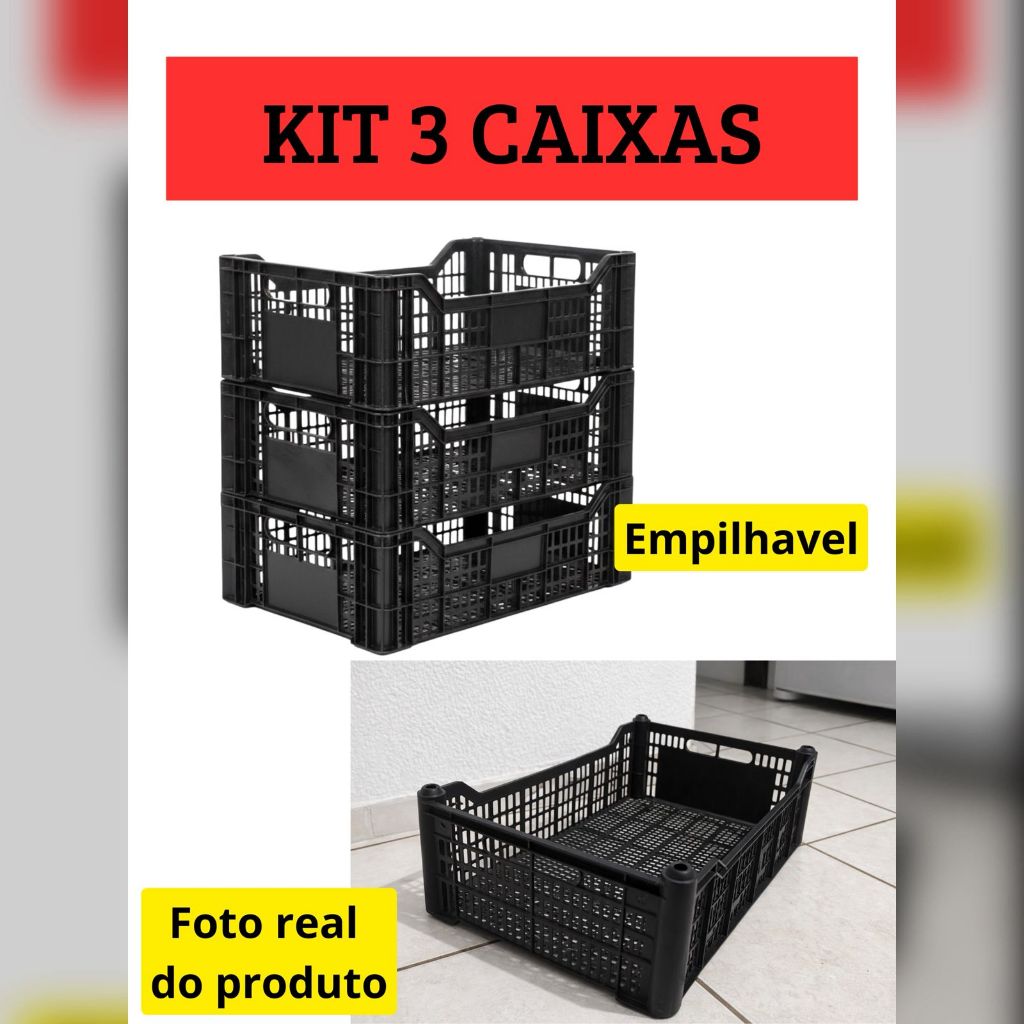 Kit com 3 Caixa Plastica - Caixa Organizadora - Empilhavel - Caixa Multiuso - Hortifruti - Vazada - Envio imediato