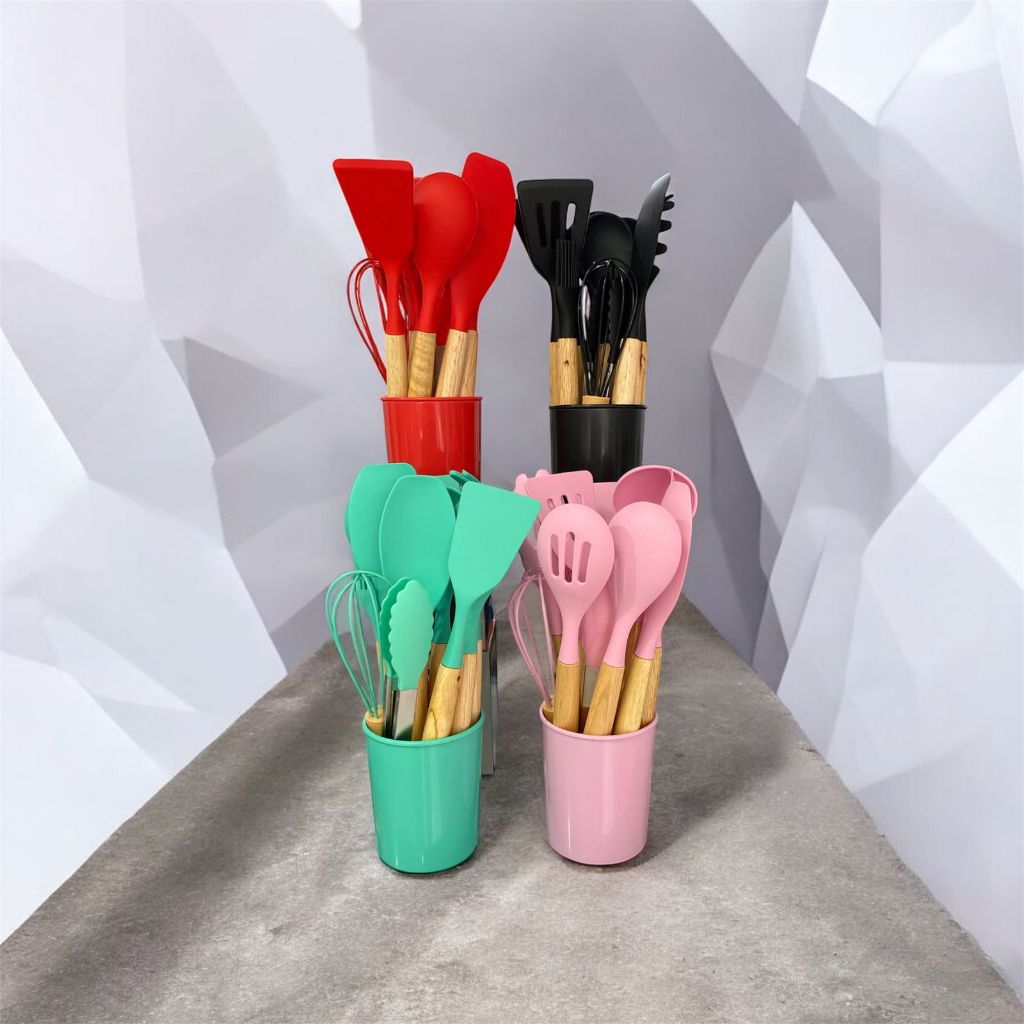 Kit 12 peças de utensílios em silicone e bambu para cozinha - envio rápido