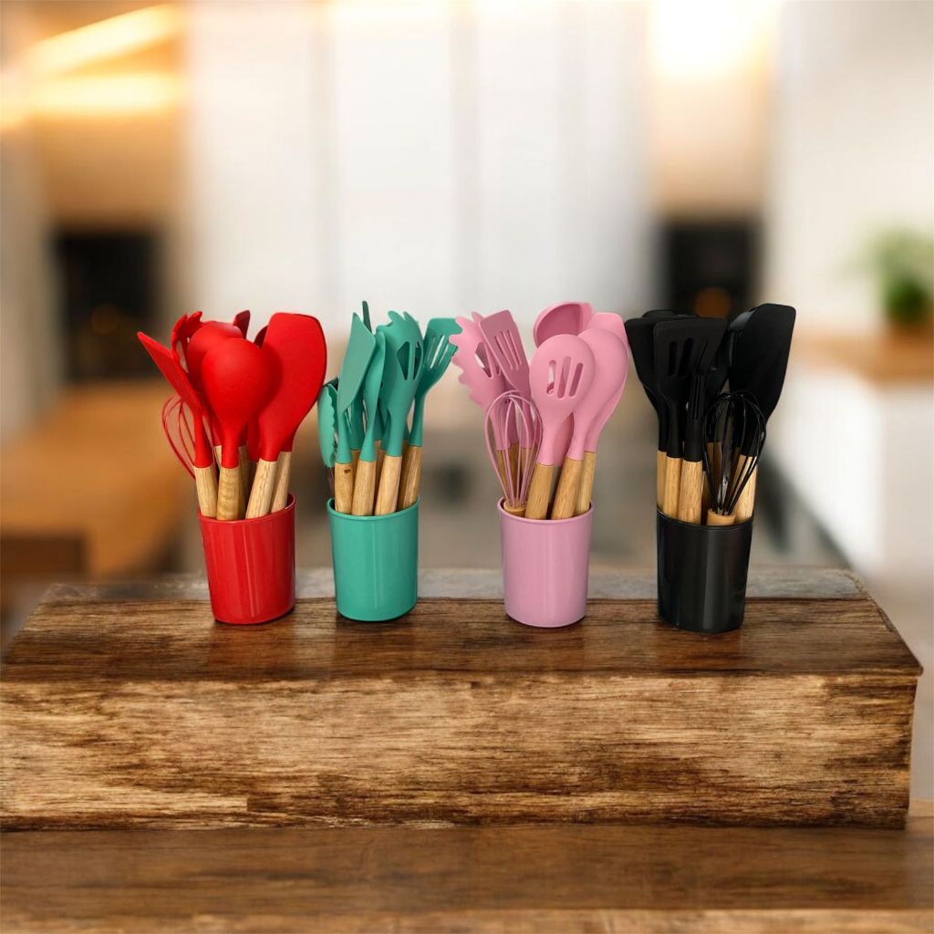 KIT de Utensílios Para Cozinha em Silicone e Bambu 12 Peças completo