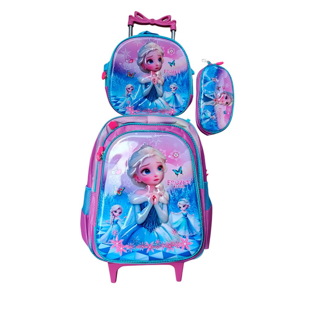 Kit Mochila da Frozen com Rodinhas em 3D Alto Relevo + Lancheira Térmica + Estojo Escolar Infantil