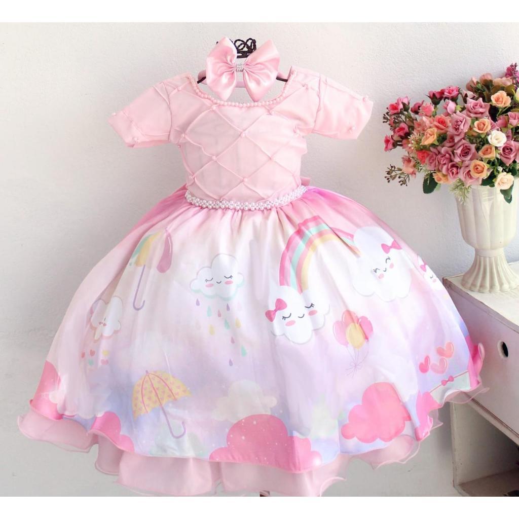 Vestido Infantil Chuva de Amor Nuvens com Tiara