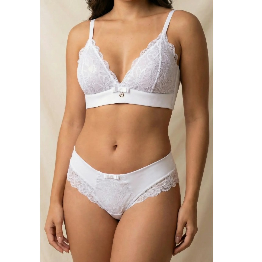 Conjunto Luna Base Reforçada Bojo Gota Casca de Ovo Sem Aro Rendado Sutiã + Calcinha Meio Fio Branco