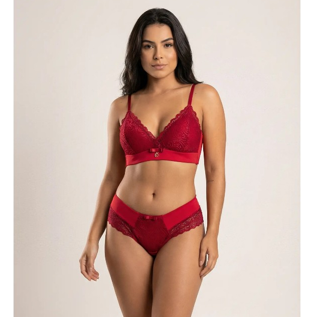 Conjunto Aurora Lingerie Rendada Bojo Casca de Ovo Sem Aro Base Reforçada Sutiã e Calcinha Meio Fio Vermelho