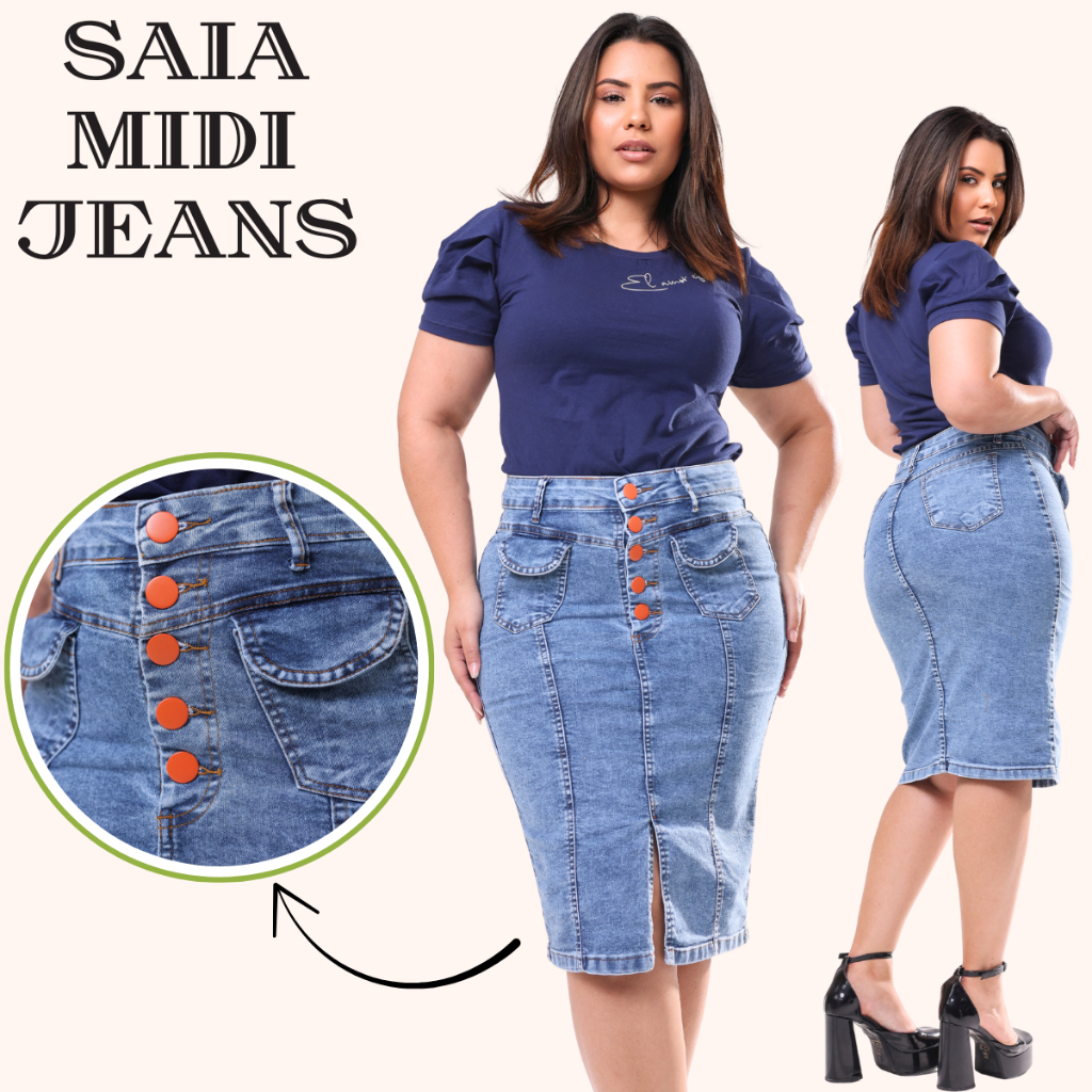 Saia Jeans Midi Evangelica Premium  Com Bolso Cintura Alta e com Lycra Na Cor Sky Fuan  do 38 ao 46 em Oferta na Shopee