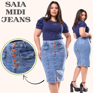 Saia Jeans Midi Evangelica Premium  Com Bolso Cintura Alta e com Lycra Na Cor Sky Fuan  do 38 ao 46