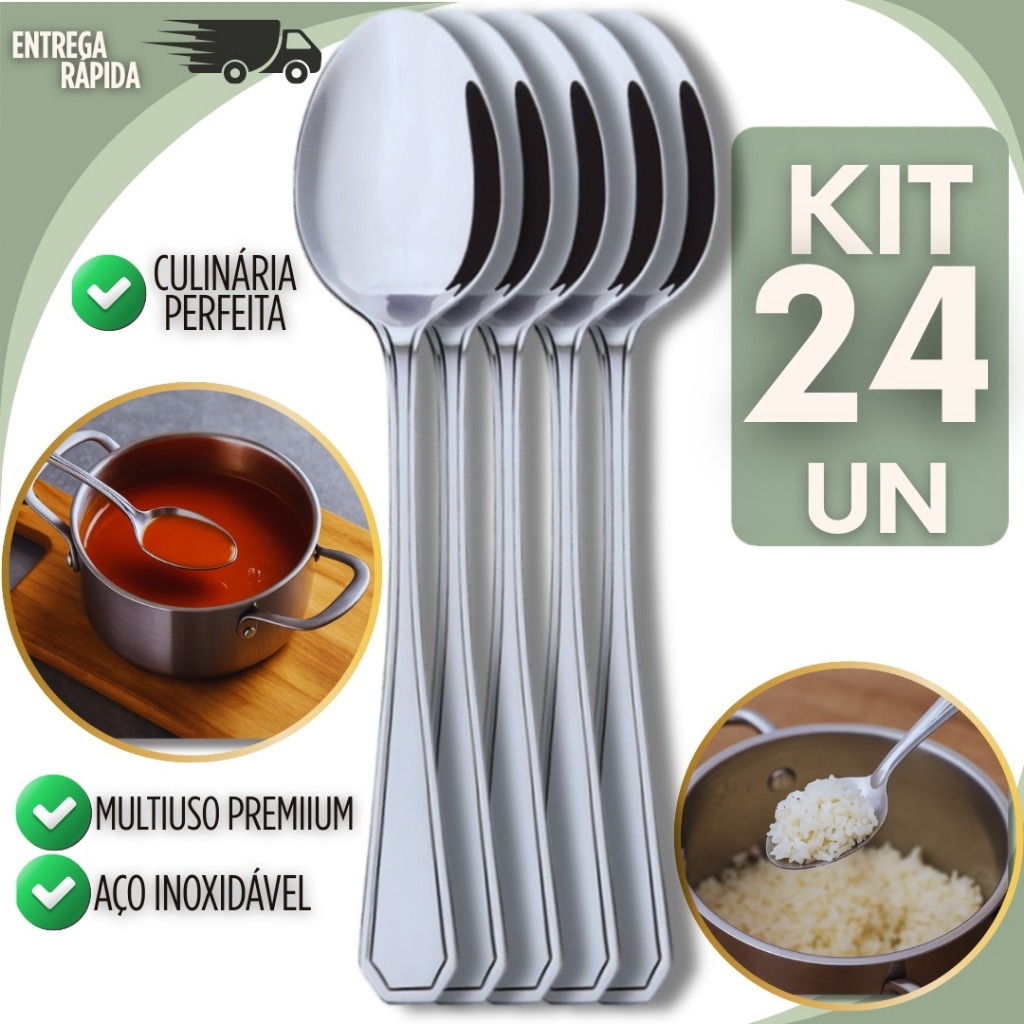 Conjunto 24 Peças Colher Mesa Elegante Aço Inox Casa Restaurante Churrascaria Pizzaria Lanchonete Buffet Utilidades