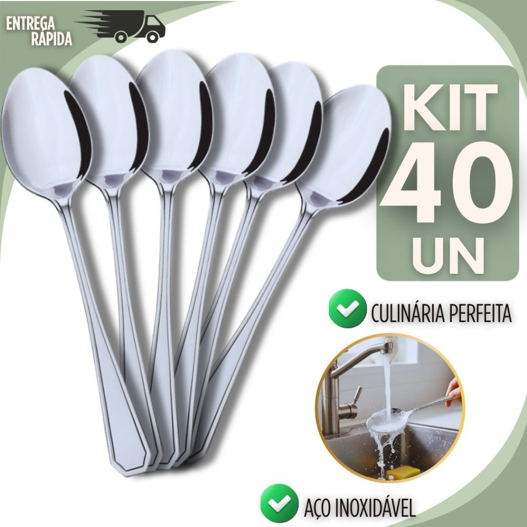 Conjunto 40 Peças Colher Mesa Elegante Aço Inox Casa Restaurante Churrascaria Pizzaria Lanchonete Buffet Utilidades