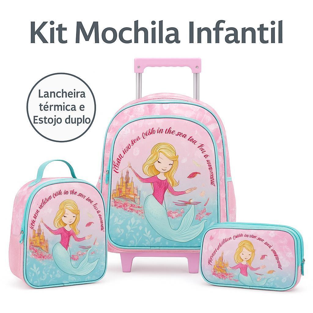 Mala Escolar Rodinha Menina Sereia Kit 3 Peças Grande Reforçada Caderno Universitário Mochila  Lancheira Térmica Estojo