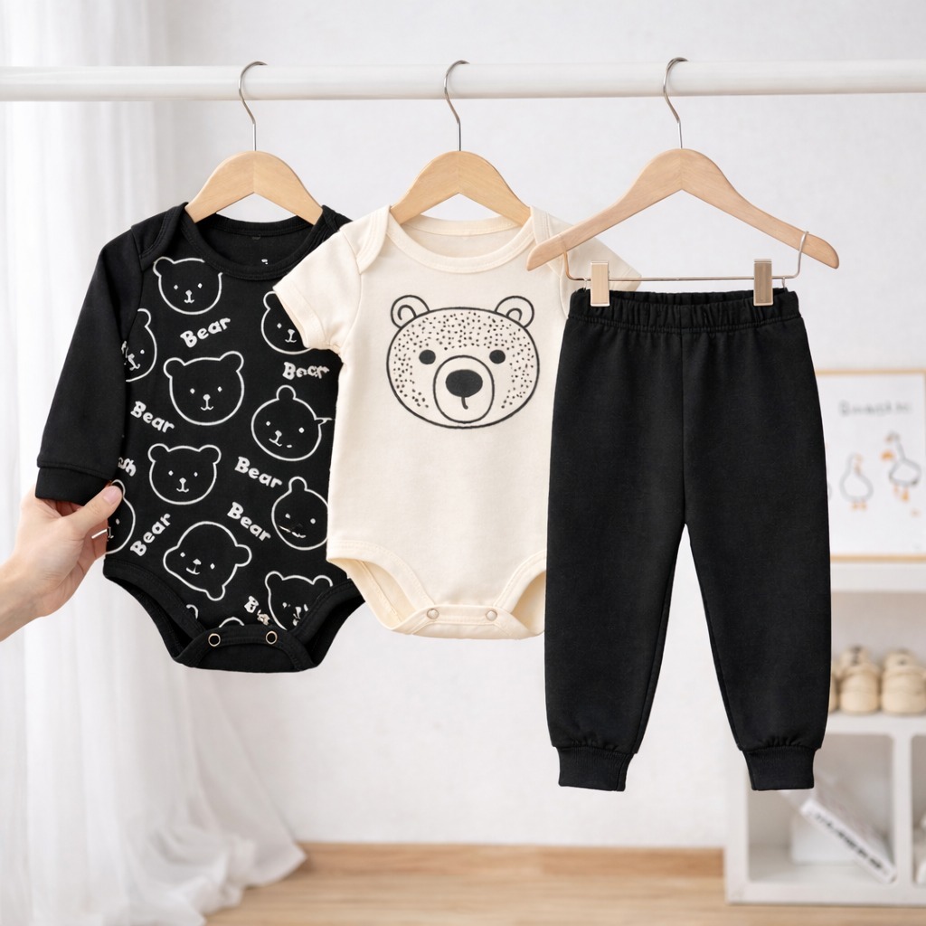 Kit Conjunto Bebê 3 Peças Trio Algodão: Body Calça Mijão ou Regata Shorts Estampas Divertidas Enxoval Menino Verão Inver