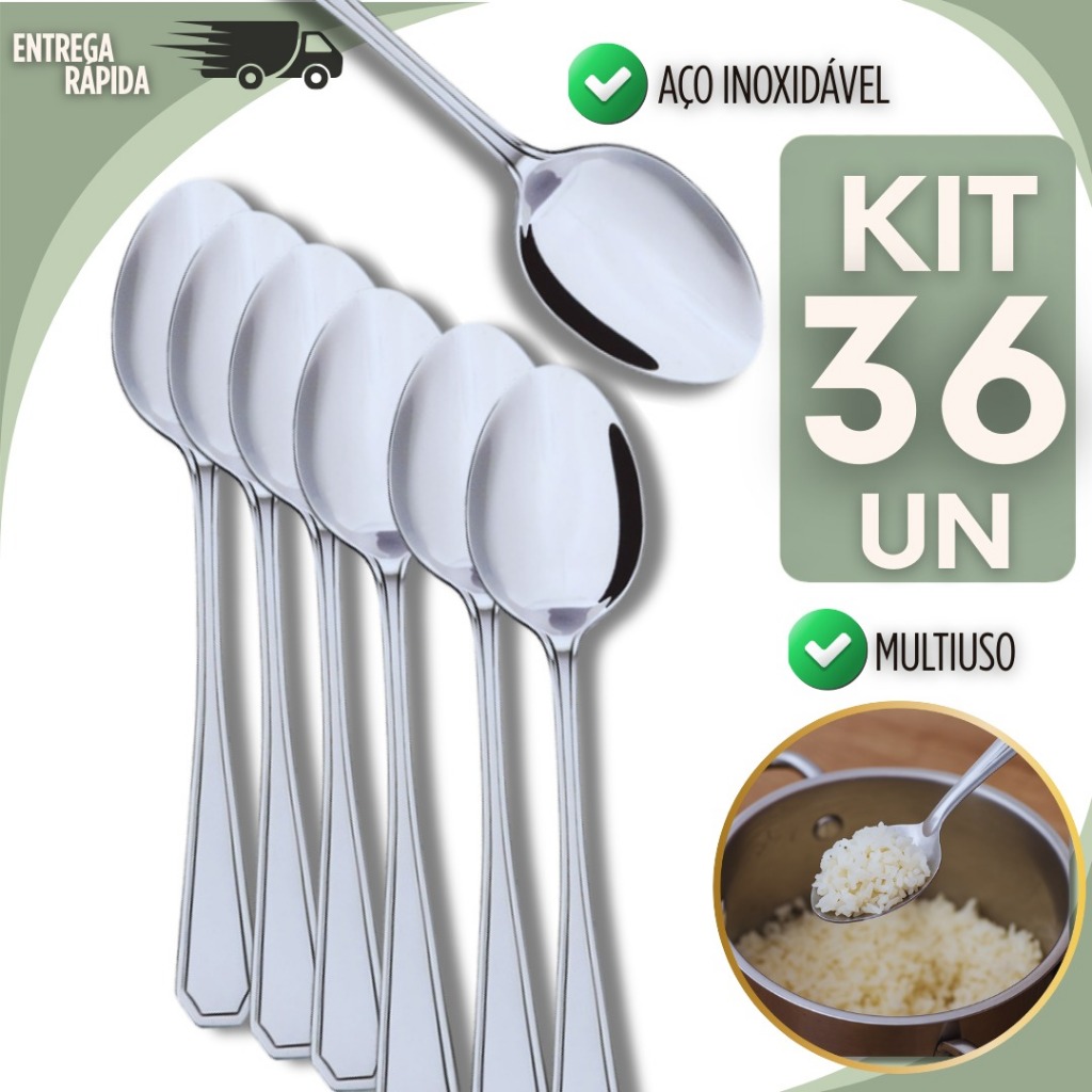 Conjunto 36 Peças Colher Mesa Elegante Aço Inox Casa Restaurante Churrascaria Pizzaria Lanchonete Buffet Utilidades