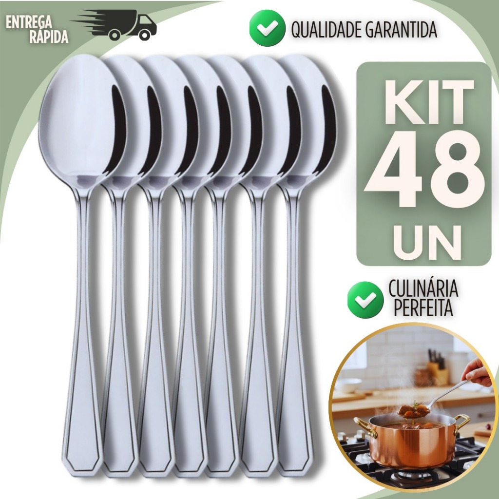 Conjunto 48 Peças Colher Mesa Elegante Aço Inox Casa Restaurante Churrascaria Pizzaria Lanchonete Buffet Utilidades