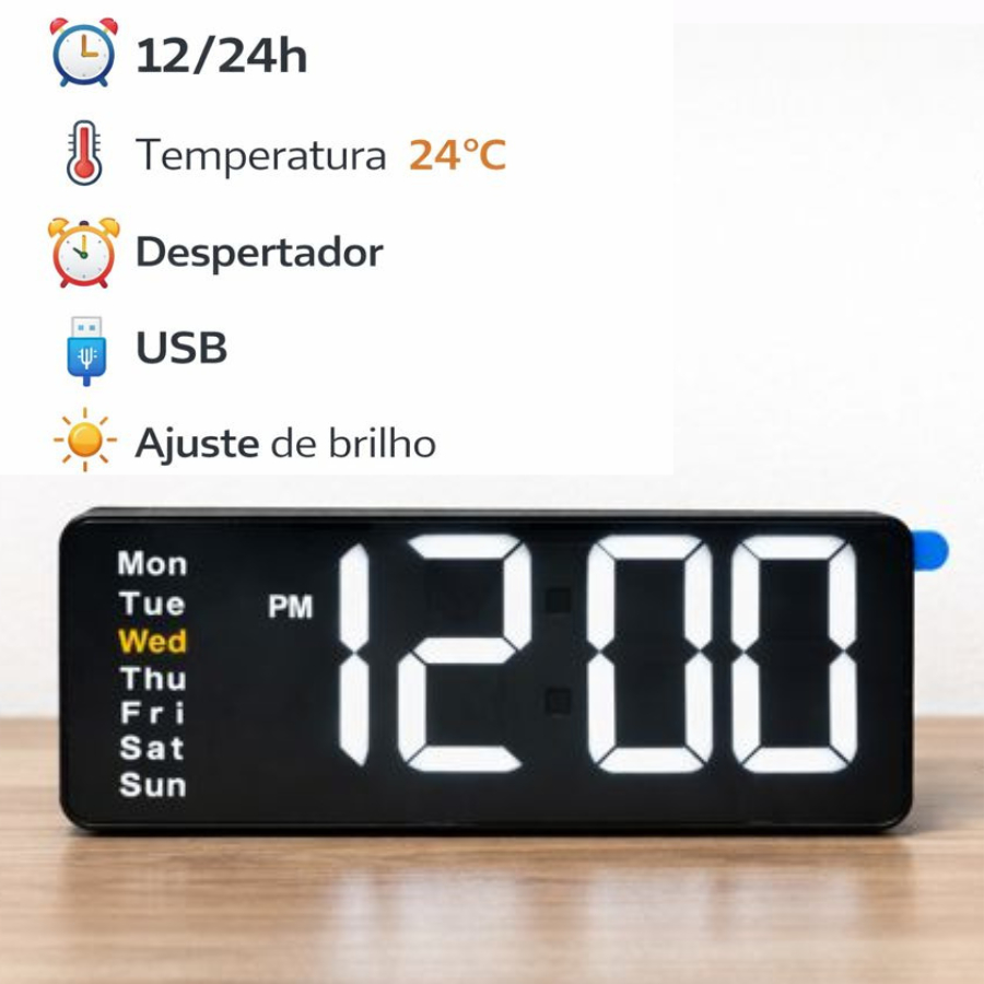 Relogio Digital De Mesa 16,3x2,3x5,7cm 12/24H Data Temperatura Despertador USB Com Brilho Ajustavel