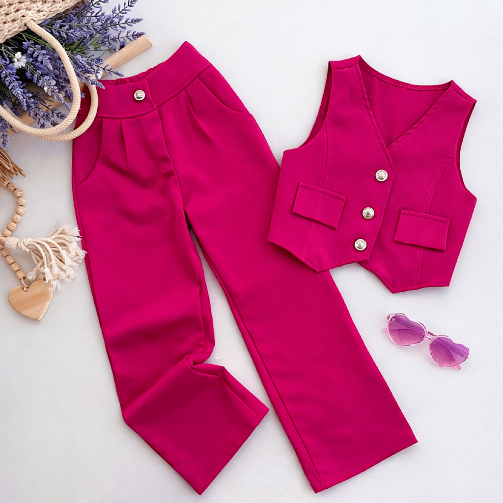 Conjunto Infantil Alfaiataria Pantalona 4 ao 8 Anos Menina Colete e Calça Moda Blogueirinha
