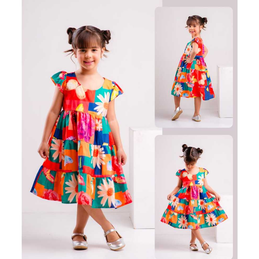 Vestido Infantil Menina Estampado Rodado Vestido Três Marias Princesa Casual Moda Infantil 02 a 08 anos