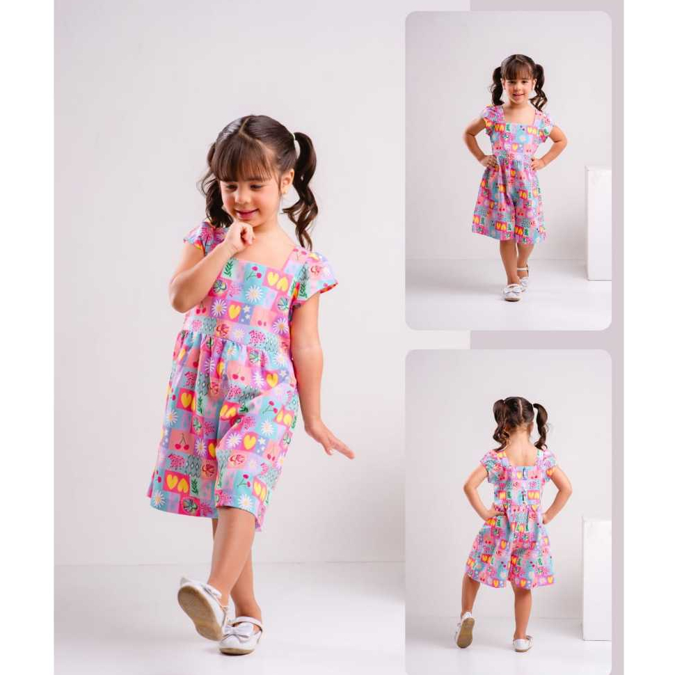 Macaquinho Infantil Menina Verão Estampado Casual Princesa Moda Infantil Roupa Infantil  Menina