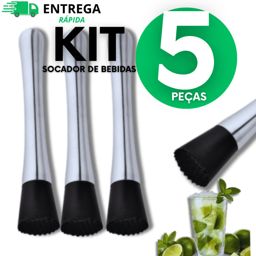 Conjunto Jogo 05 Peças Socador Macerador Caipirinha Aço Inox Amassador Batida Coquetel Barman Utilidades
