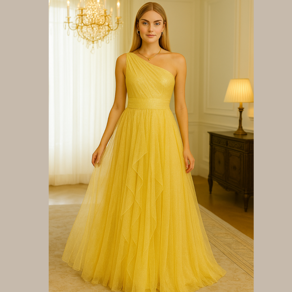 Vestido longo Madrinha godê em cascata um ombro só - Vestido de festa madrinha Amarelo Laranja Marrom