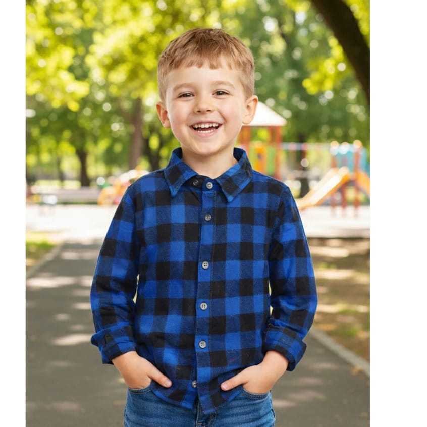 Camisa Xadrez Flanelada  Infantil e Juvenil Manga Longa De Botão Com Gola
