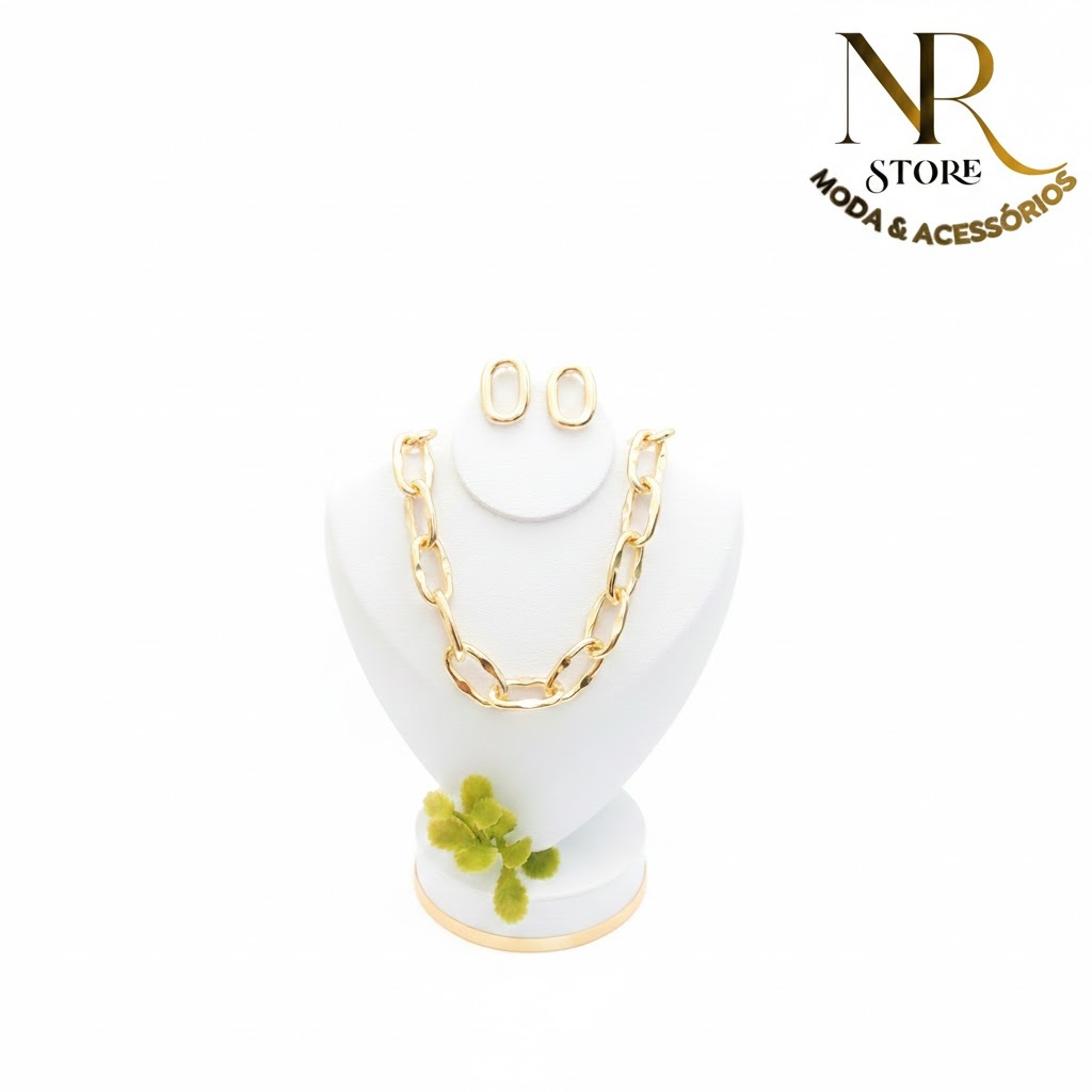 1 Colar Elo Corrente Gargantilha Feminina e Brinco Folheado a Ouro 18k Elegante Sofisticado